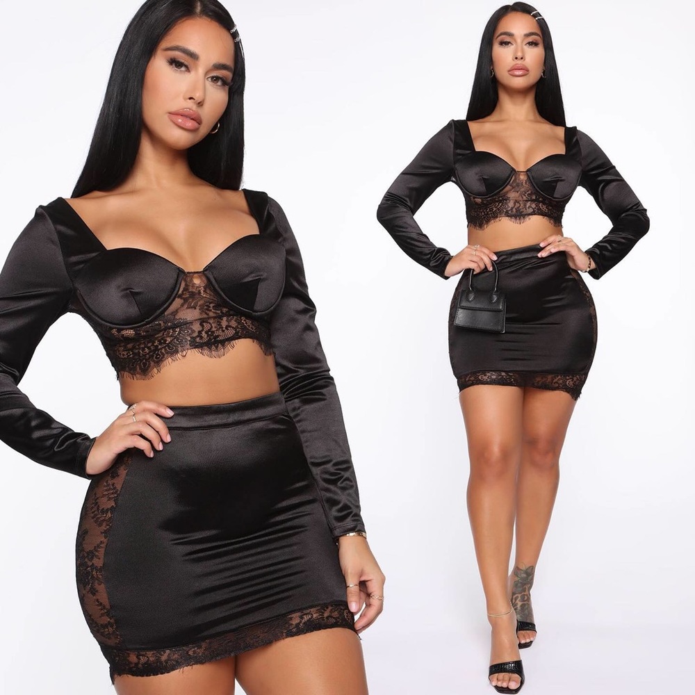 Fashion Nova Black Satin & Lace Set